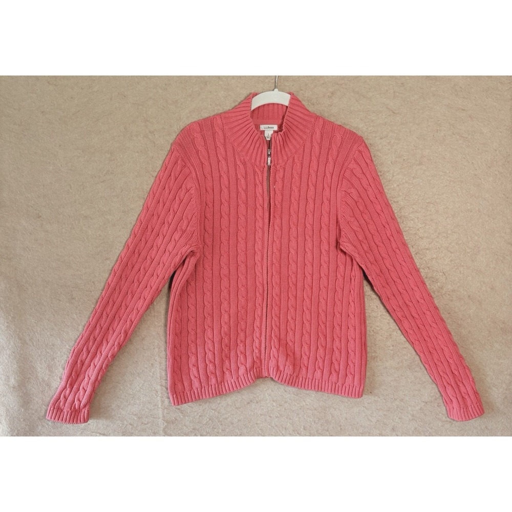 LL Bean Cable Knit Cardigan Sweater Womens‎ Sz L Petite Salmon Pink Full Zip